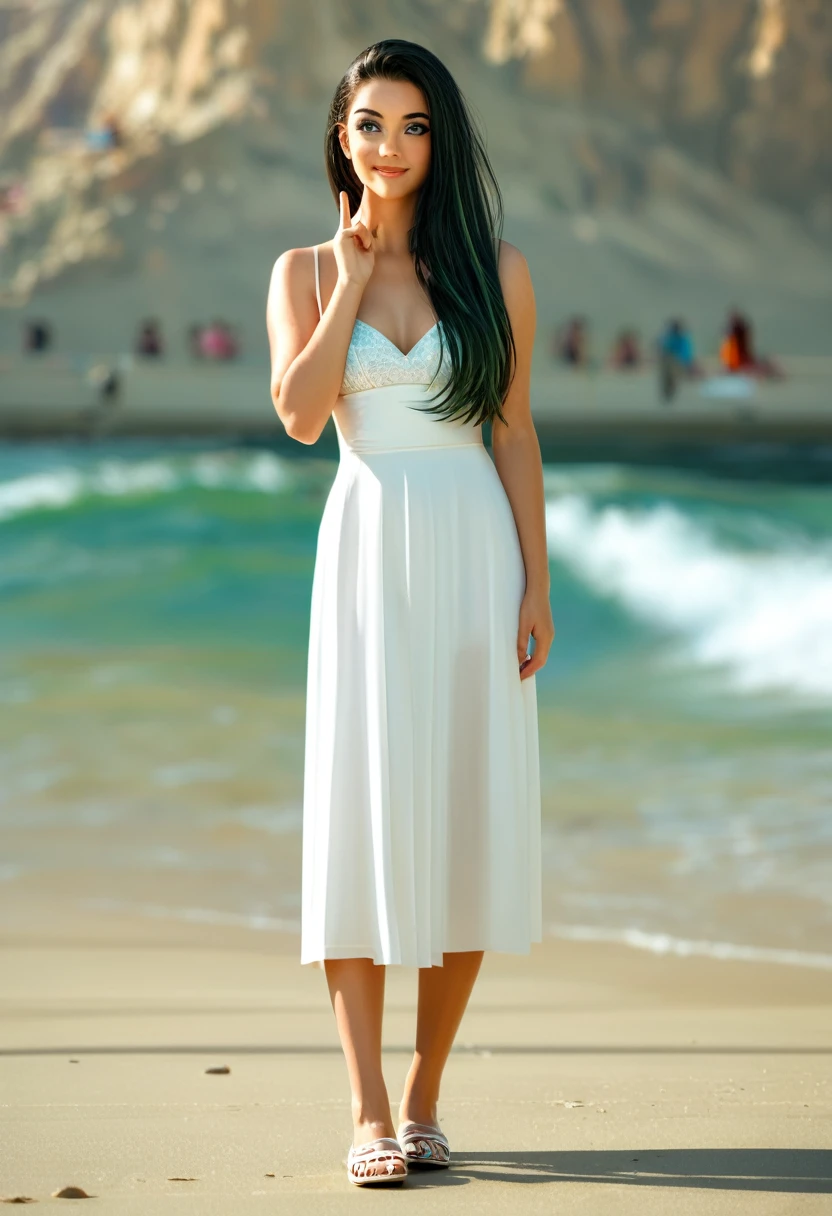 full body,hiper realistic, GENDER: female, AGE: 27 years old, HEIGHT: two meters, BODY TYPE: triangular, FACE TYPE: rectangular, HAIR COLOR: black, EYE COLOR: green, SKIN COLOR: WHITE, HAIR HAIRSTYLE: long hair, clear facial features, Cinematic, 35mm lens, f/1.8, accent lighting, global illumination –uplight –v 4
