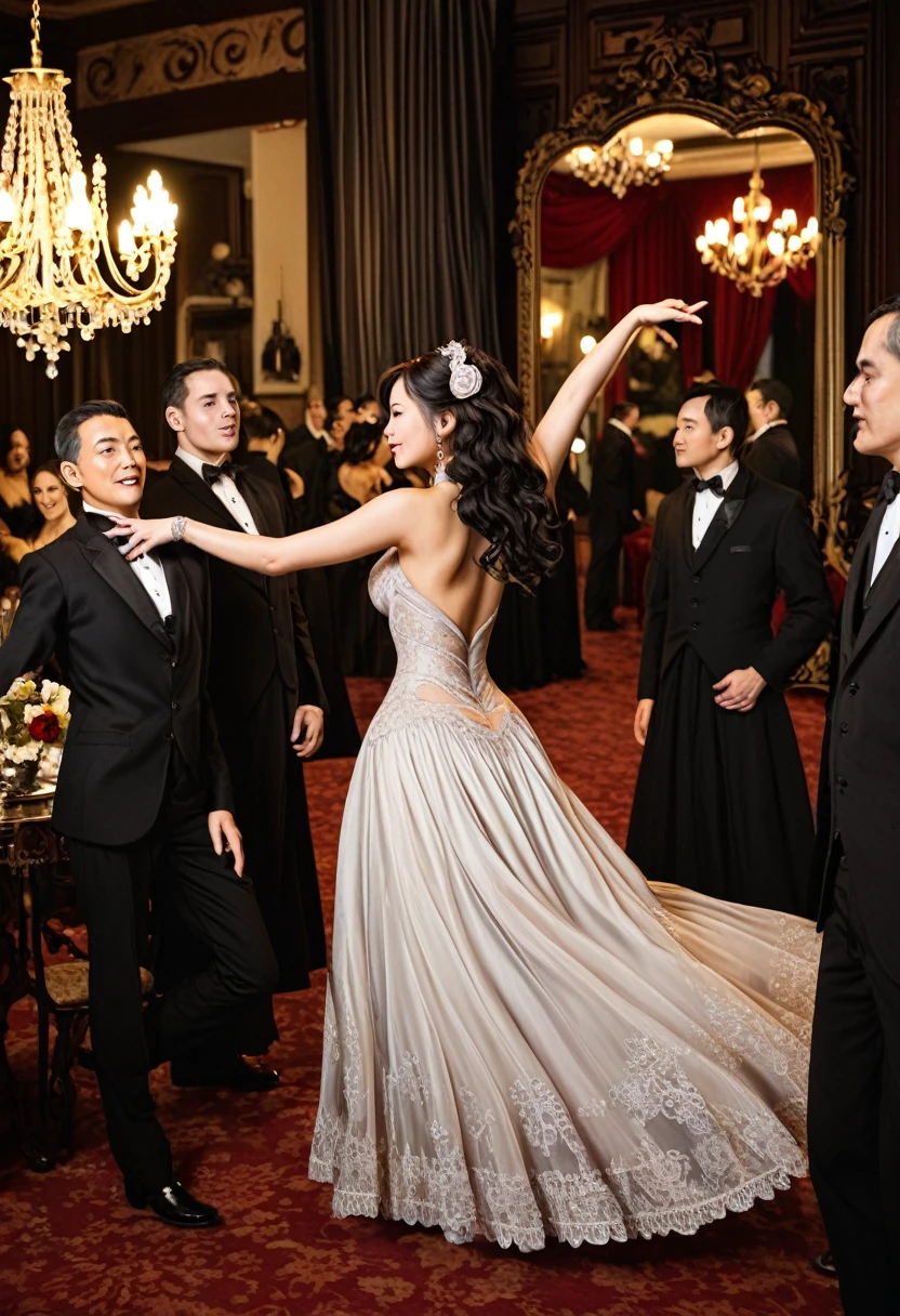 (six men) and (1 woman) a group of men watching a woman ((A group of victorian gentlemen in silhouette with their backs to the viewer watching woman on a well lit stage)) ((the woman is half-asian, asian-european, with black wavy hair, she is dancing, striping, taking off her clothes). ((the room has dim, dark , gothic atmosphere)). ((The room is lavishly decorated with sumptuous furnishings like a royal manor)). ((the woman dancing is ethereal and romantic)) ((She is nude)) (Everyone in the room is watching her dance on the table, their attention fixated on her beauty.) (Her elegant victorian evening gown lies on the floor) she dances under a chandelier, gothic romantic style, with lots of gothic details, elaborate details