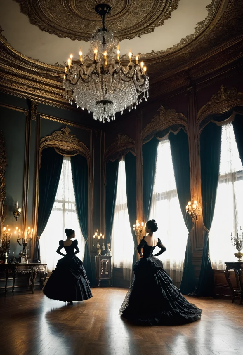 (six men) and (1 woman) a group of men watching a woman ((A group of victorian gentlemen in silhouette with their backs to the viewer watching woman on a well lit stage)) ((the woman is half-asian, asian-european, with black wavy hair, she is dancing, striping, taking off her clothes). ((the room has dim, dark , gothic atmosphere)). ((The room is lavishly decorated with sumptuous furnishings like a royal manor)). ((the woman dancing is ethereal and romantic)) ((She is nude)) (Everyone in the room is watching her dance on the table, their attention fixated on her beauty.) (Her elegant victorian evening gown lies on the floor) she dances under a chandelier, gothic romantic style, with lots of gothic details, elaborate details