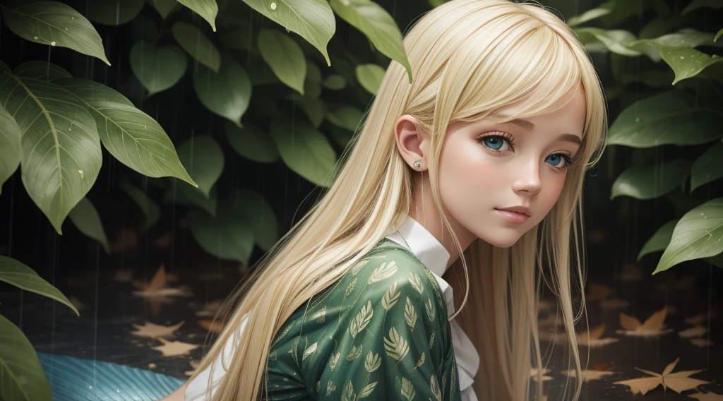 a blonde girl, raining portrait,Mermaid Leaf Leaf Clothes