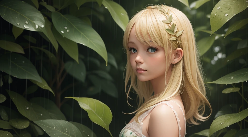 a blonde  girl, raining portrait,Mermaid Leaf Leaf Clothes