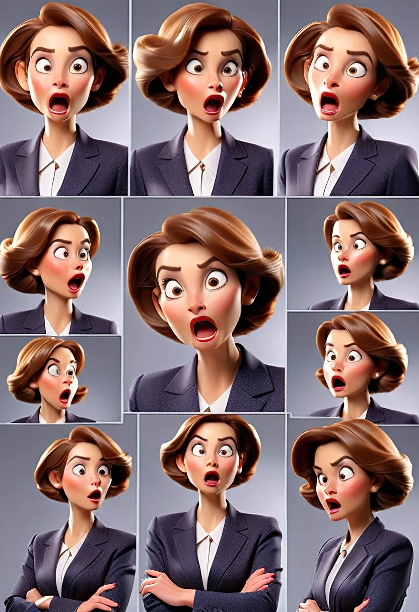 A middle-aged European woman in a modern business suit portrayed in various facial expressions and poses from different angles of his head from front to back view across 6 panels with isolated backgrounds, photography. Professional color grading with soft shadows, professional studio lighting