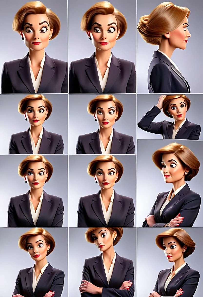 A middle-aged European woman in a modern business suit portrayed in various facial expressions and poses from different angles of his head from front to back view across 6 panels with isolated backgrounds, photography. Professional color grading with soft shadows, professional studio lighting