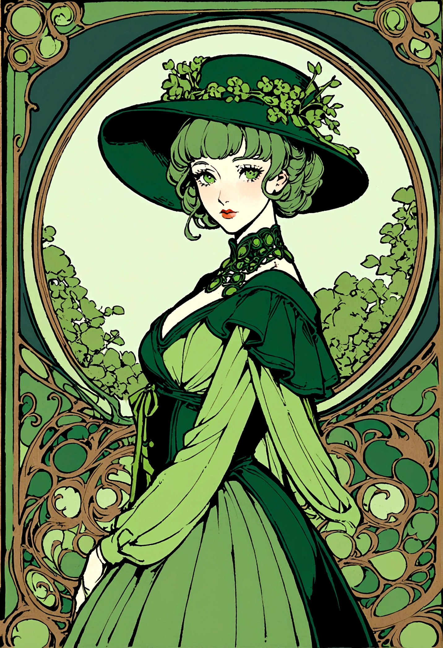 a close up of a woman in green dress and hat with many different items, green clothes, inspired by Elizabeth Shippen Green, green tonalities, green colors, romantic greenery, shades of green, green tones, art nouveau accents, green colours, victorian style, elegant lady, green clothing, ornate dark green clothing, inspired by Art Green, beautiful retro art, green jewelry