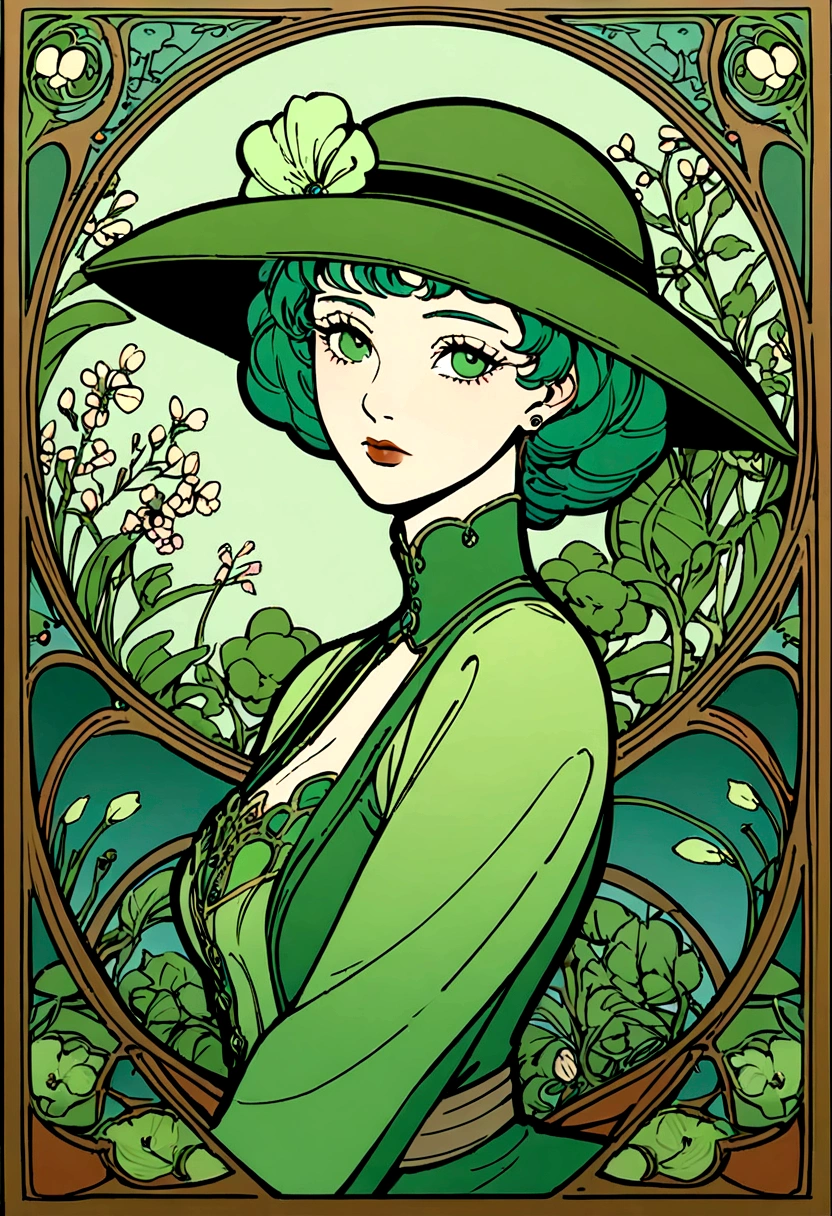 a close up of a woman in green dress and hat with many different items, green clothes, inspired by Elizabeth Shippen Green, green tonalities, green colors, romantic greenery, shades of green, green tones, art nouveau accents, green colours, victorian style, elegant lady, green clothing, ornate dark green clothing, inspired by Art Green, beautiful retro art, green jewelry