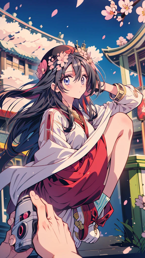 best quality, extremely detailed, anime style adult 1girl, long hair down to the waist, straight hair, ((dark black hair with bluish)),crown braid,beautiful detailed eyes, pinched eyes, dark blue eyes, huge breasts,curvy,(((colorful clothing))),Active Clothing,Clothing with intricate decorations,((foppery shoes)),jumping,animation cap,animated gif,((((Cherry Blossom Park)))),((pov))