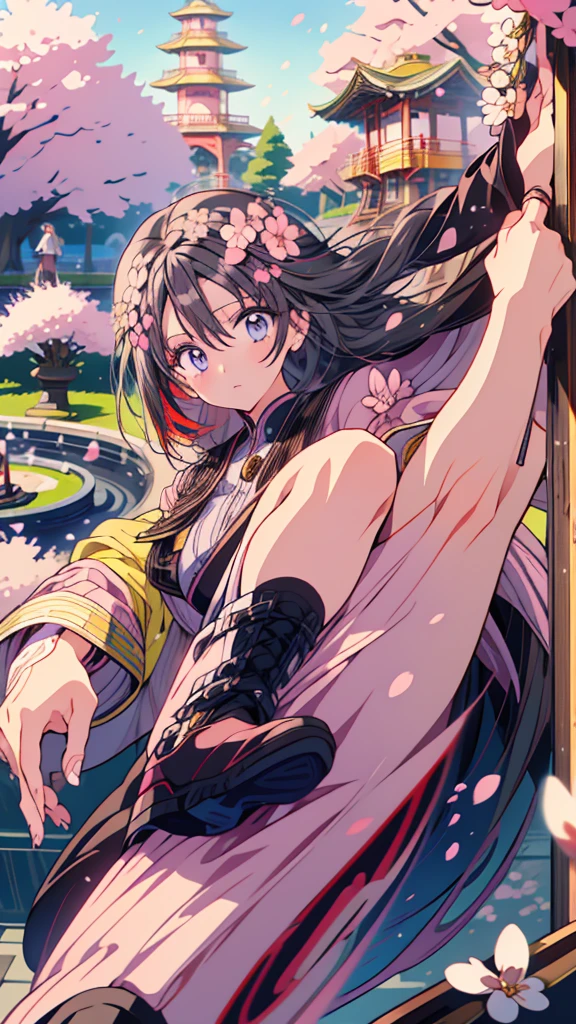 best quality, extremely detailed, anime style adult 1girl, long hair down to the waist, straight hair, ((dark black hair with bluish)),crown braid,beautiful detailed eyes, pinched eyes, dark blue eyes, huge breasts,curvy,(((colorful clothing))),Active Clothing,Clothing with intricate decorations,((foppery shoes)),jumping,animation cap,animated gif,((((Cherry Blossom Park)))),((pov))