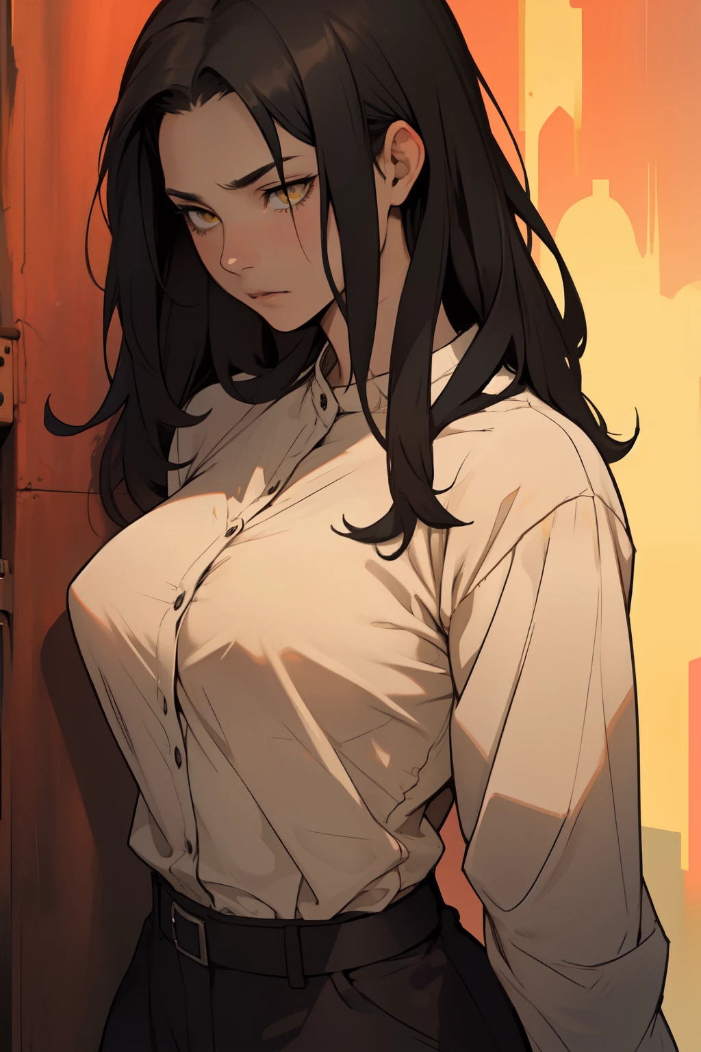 sad girl muscular muscular muscular breasts breasts breasts thick thick thick thick black hair yellow eyes pale skin pale skin thick thick thick long sleeve dark atmosphere thick thick thick thick thick thick muscular simple background sad sad sad sad tigth shirt