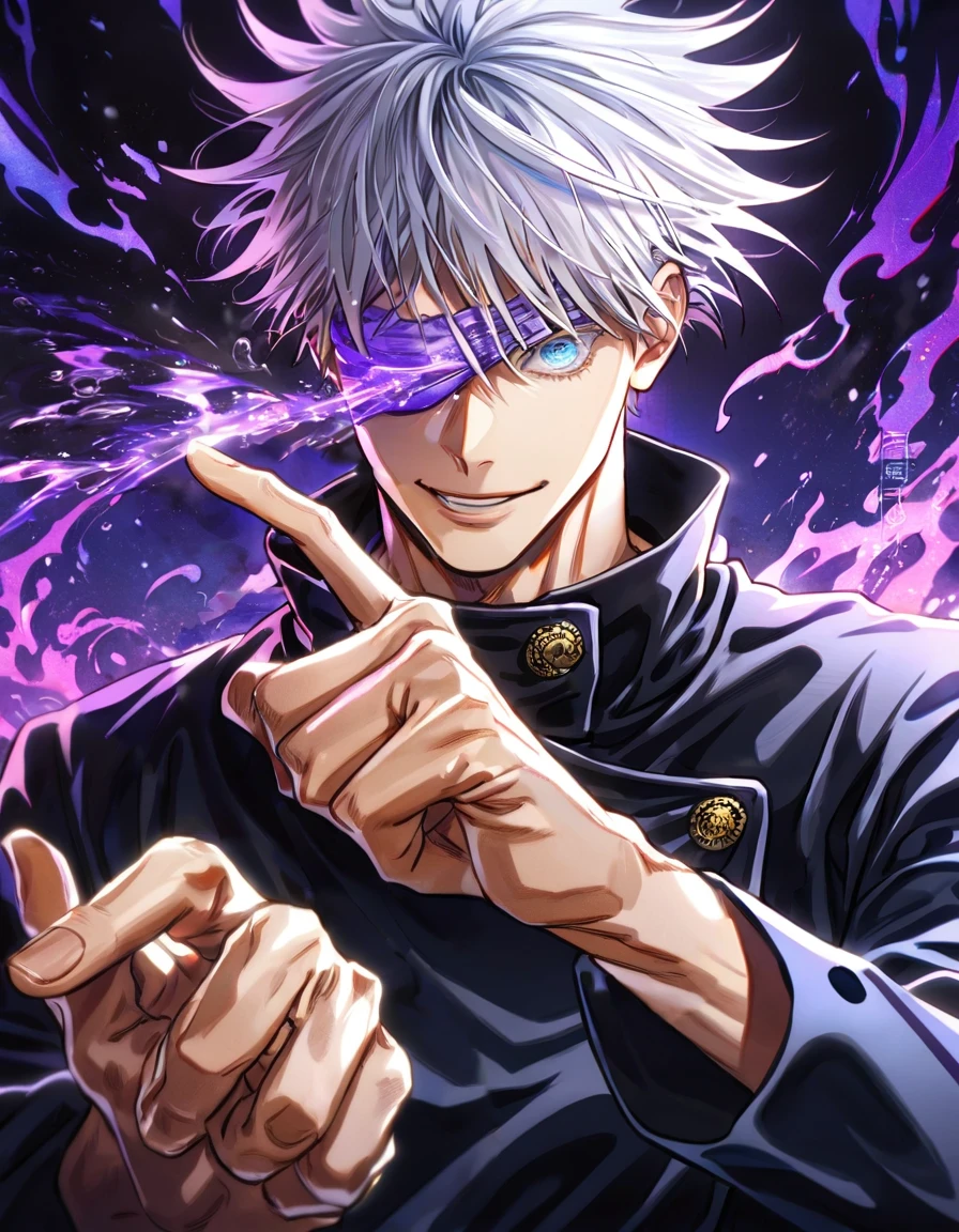 absurdres, highres, ultra detailed, HDR, master piece, Gojou Satoru, white hair, blindfolded eyes, black shirt, Jujutsu Kaisen, man, handsome, best quality, blue moon, magical, solo, water Jujutsu Kaisen uniform, handsome smile, purple aura, fight pose, dynamic positon, bloodshed background, make sure he has 5 fingers only in each hand