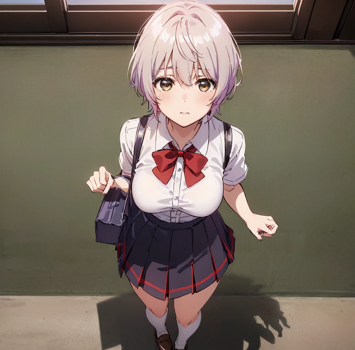 ((1girl)), ((alone)),fuuka Kikuchi, ((extremely detailed CG unity 4k wallpaper)), (masterpiece), (ultra quality), (ultra detailed), (best illustration), (best shadow), (extremely detailed), looking at viewer, (absurdities), (detailed background), curvy body, dynamic pose, cowboy photo, medium breasts, medium waist, wide hips, wide thighs, round butt, ((hair short, skirt, shirt, bow, holding, hair between the eyes, brown eyes, closed mouth, , standing, white shirt, short sleeves, gray hair, pleated skirt, shoes, socks, bright, bow tie, bag , red bow, shiny hair, gray eyes, book, plaid, black knee-high stockings, plaid skirt, brown shoes, bare thighs, black socks, loafers, red bow tie, book, school bag, watch, brown skirt, watch bracelet )),smile, mouth closed)), standing, cowboy photo, backlight, ((solo)), ((standing: 1.4, interior, library, window, sunset,(stoic expression, blushing, ,sexy, closed mouth, sexy pose), looking forward, ((focus on breasts), point of view: (from above), perfect anatomy, perfect hands,