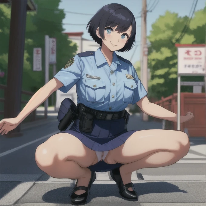 (Hair Color：black),(Hairstyle：short hair),female,1 person, Seductive face,cute,boyish,jp-police,Police uniform,Japanese countryside,Japanese police officer,Light blue dress shirt,Highest quality,4K,Master piece,Highest quality,Correct Anatomy,Right Body,smile,pussy,Show your vagina,vagina,Shaved pussy,Squat,blackのパンプス,Detailed eyes,Beautiful Eyes,tight skirt of dark blue color,,Short sleeve