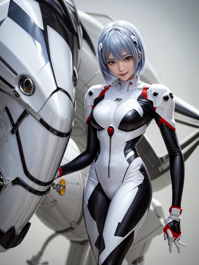 Masterpiece, highest quality, 8K, detailed skin texture, fine cloth texture, beautiful detailed face, intricate details, super detailed, portrait of Rei Ayanami, blue hair, red eyes, looking far away, no background, Evangelion Wearing a plug suit when riding, plug suit, whole body visible, standing, arms crossed, 15 years old, beautiful, cute, great style, smiling,composition that shows the whole body,