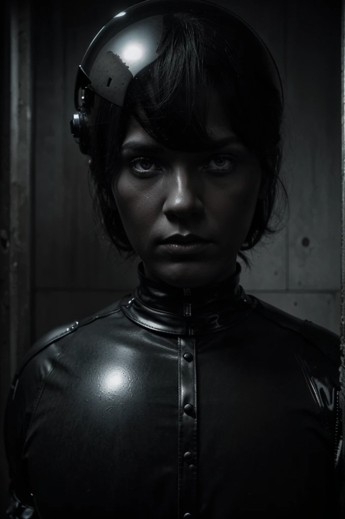 there is a male man titan in a latex black dress standing in a room with a large ball in  head, erwin olaf, dark surreal art, surreal dark art, surreal dark otherworldly mood, dark surrealism, surreal dark fantasy, natalie shau tom bagshaw, steven klein, surreal avant-garde style, yuri shwedoff and tom bagshaw, dark surrealist, full face round mask , empty black , horror , wall mount siluettes of people , 