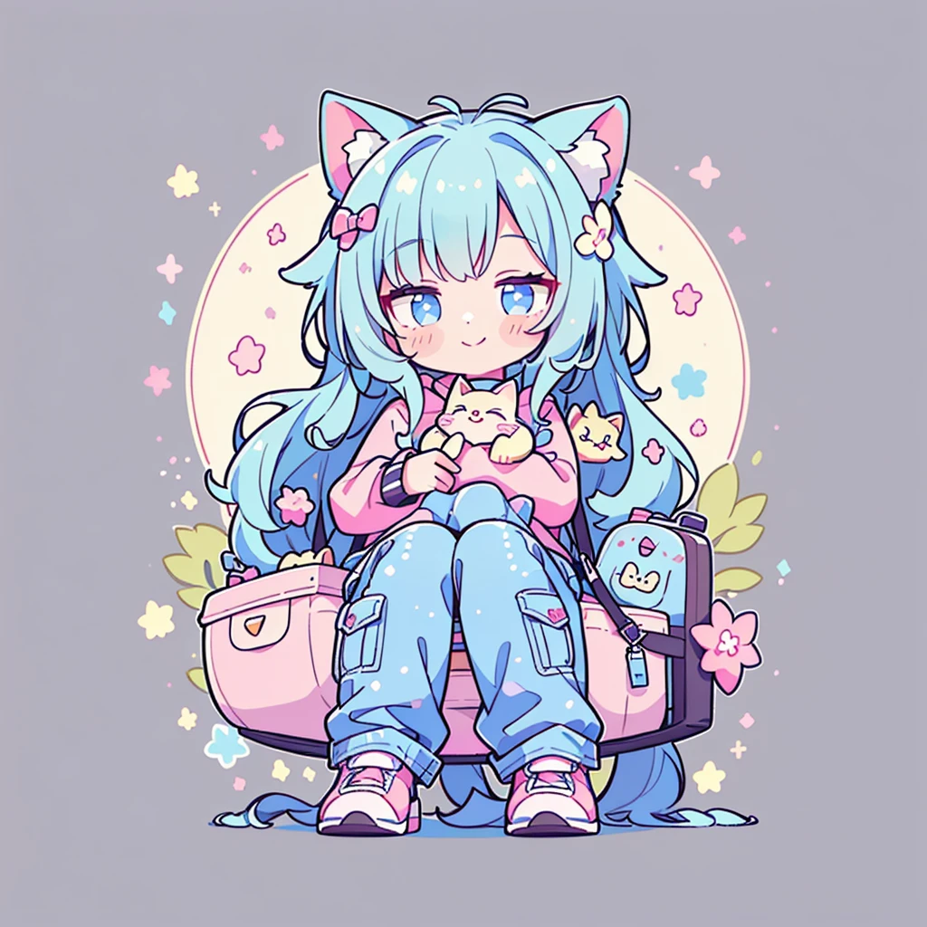 ((Highest quality,masterpiece,Extremely complex and exquisite details,A short girl with gray and blue cat ears and long hair is in the center,Gray blue super long straight hair,Curly hair at the ends,Sparse air bangs,Gray and pink T-shirt,Denim hooded cropped jacket,Black and gray long cargo pants,hands holding a cat)),(pink and white sneakers,Smile slightly,Surrounded by tons of cute short-legged cats,Correct anatomy),Super Q super cute short full body portrait,Starry sky background vertical painting space scene