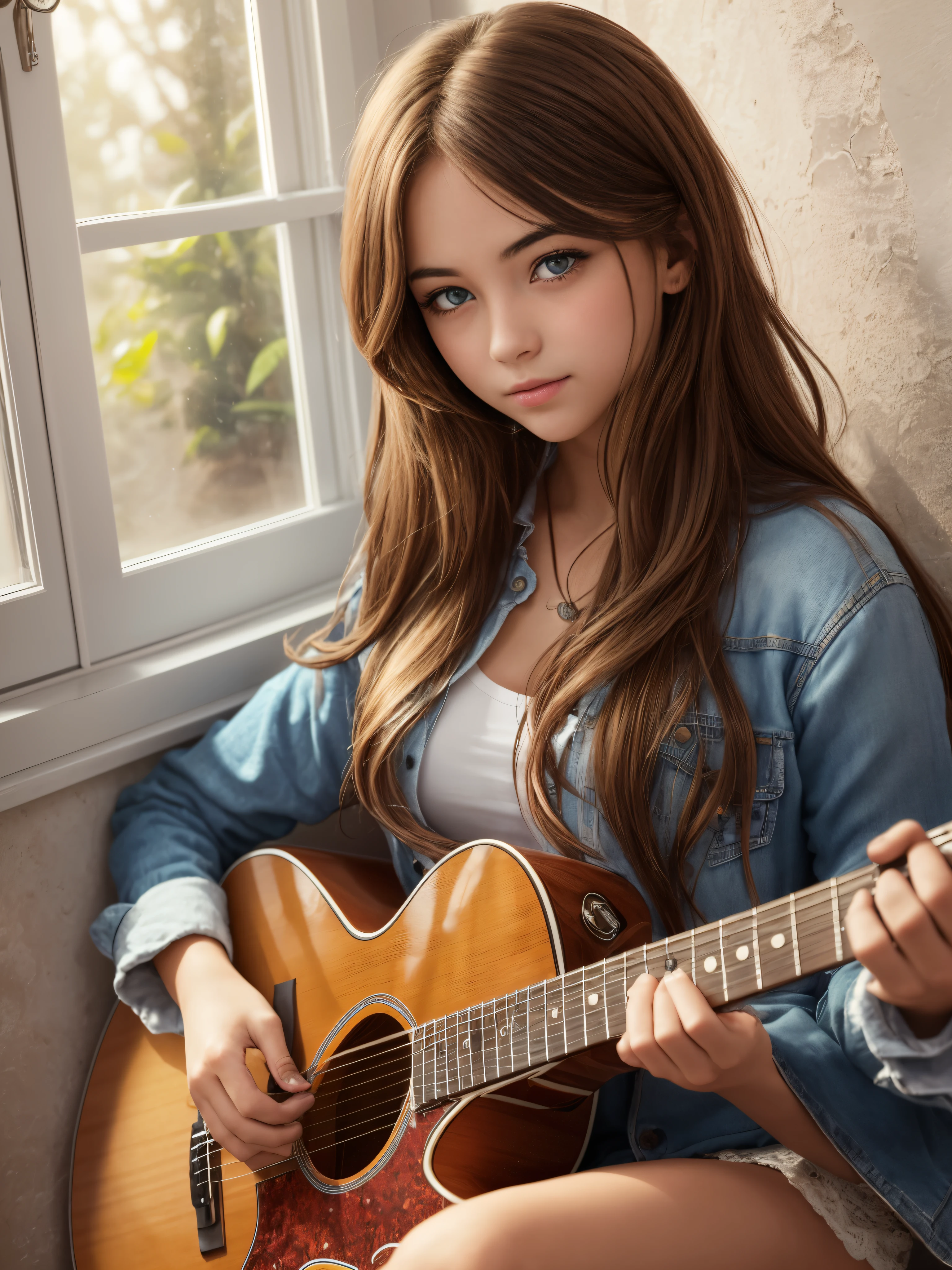 très belle fille aux longs cheveux bruns et aux yeux bleus. jouer de la guitare devant la fenêtre de la salle de bain --auto --s2