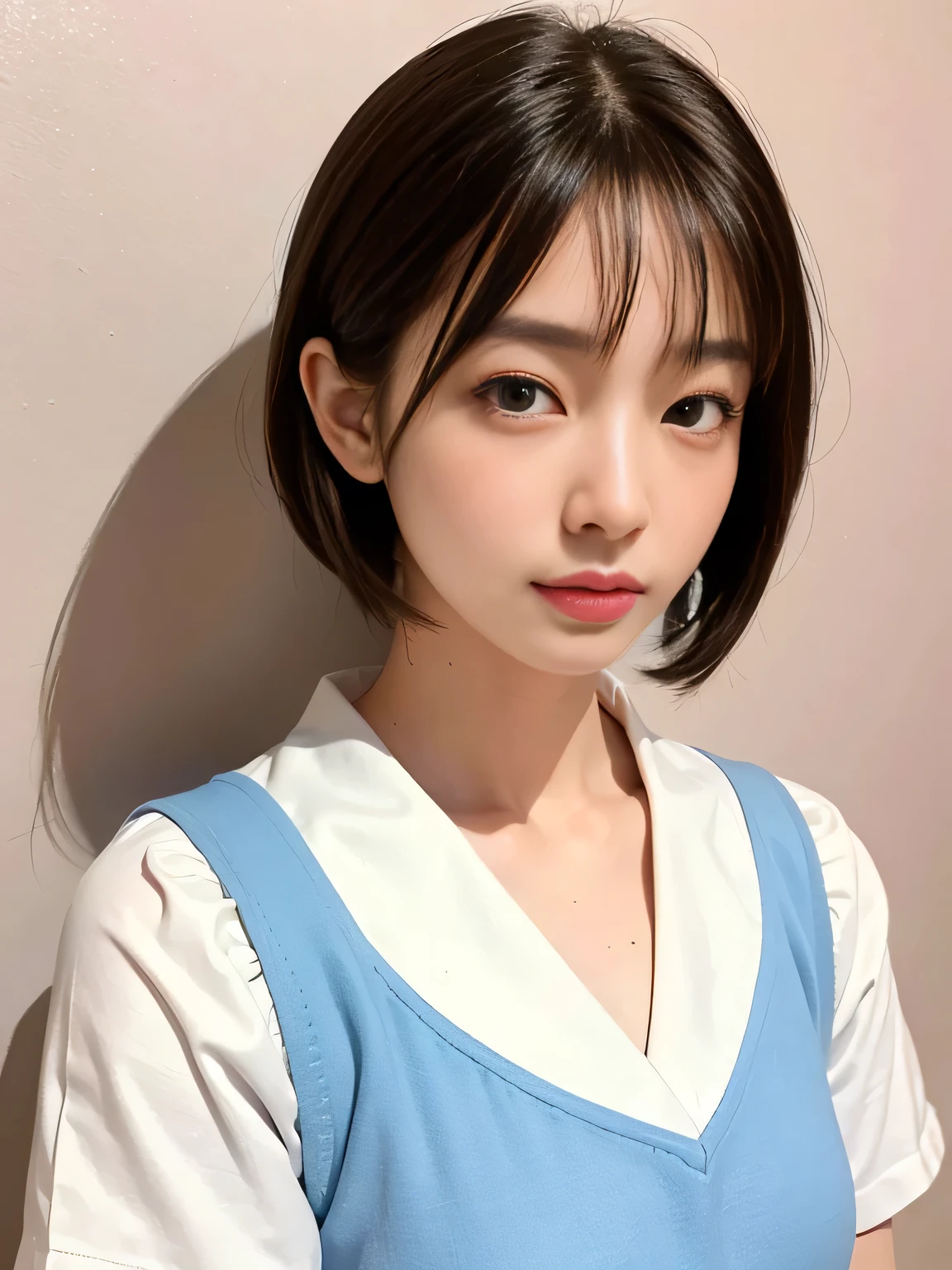 (masterpiece:1.3)、Very fine finish、(High resolution、8K:1.3)、(Highest quality)、(Ultra-realistic as a photo:1.3)、Correct limbs、Anatomically correct, The face is in focus、(Face close-up:1.3)、 Ultra High Resolution Face、The face is in focus、Ultra high definition and beautiful eyes、Concentrated eyes、Eyes are symmetrical:1.3、High quality and beautiful skin、Firm Skin、Ultra HD Hair Texture、Japanese women、17 years old、Short Bob Cut、very cute, Half Up:1.3, high school girl、high school girl break (Short-sleeved high school girl uniform、Short-sleeved sailor suit:1.3), (Embarrassing:1.3), (blush:1.3), (Troubled expression:1.3), Mr..々Shooting angle:1.3, View your viewers, Browsing Caution, Licking fingers、Pink wall