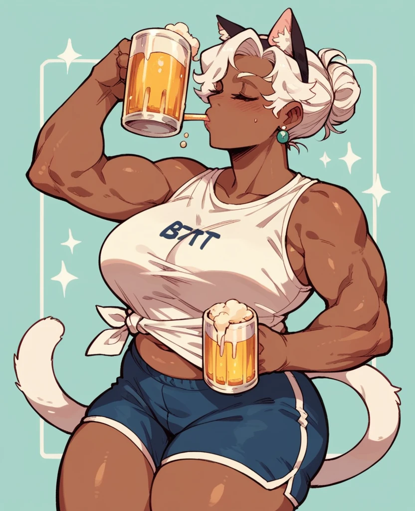 Dark skin milf,White hair,Cat's ears, wearing a regatta shirt ,wearing gym shorts, Drinking beer