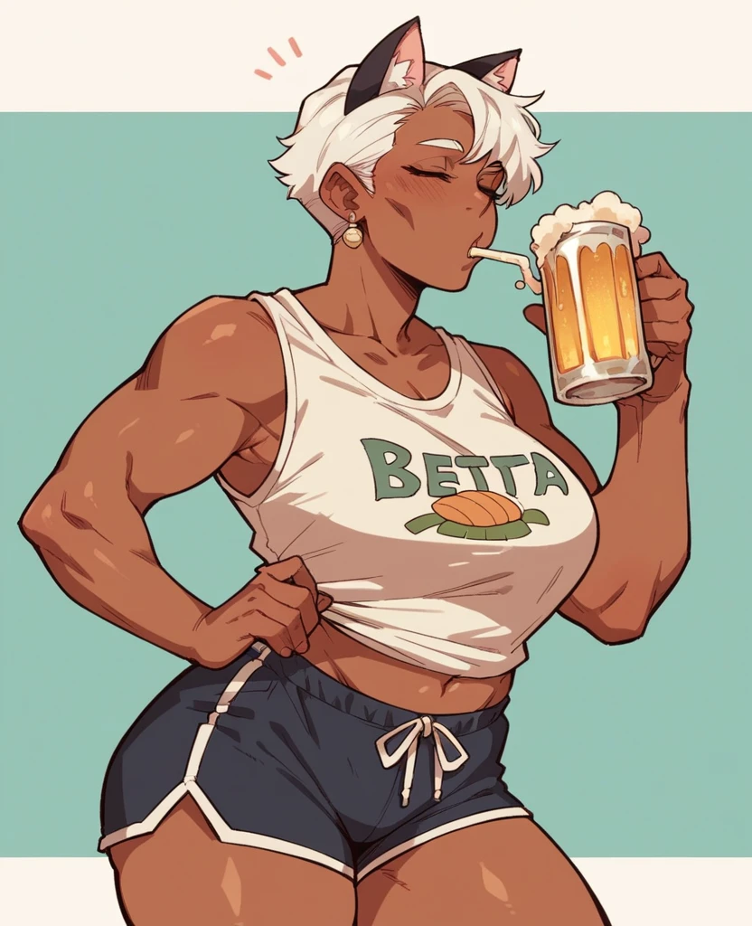 Dark skin milf,White hair,Cat's ears, wearing a regatta shirt ,wearing gym shorts, Drinking beer