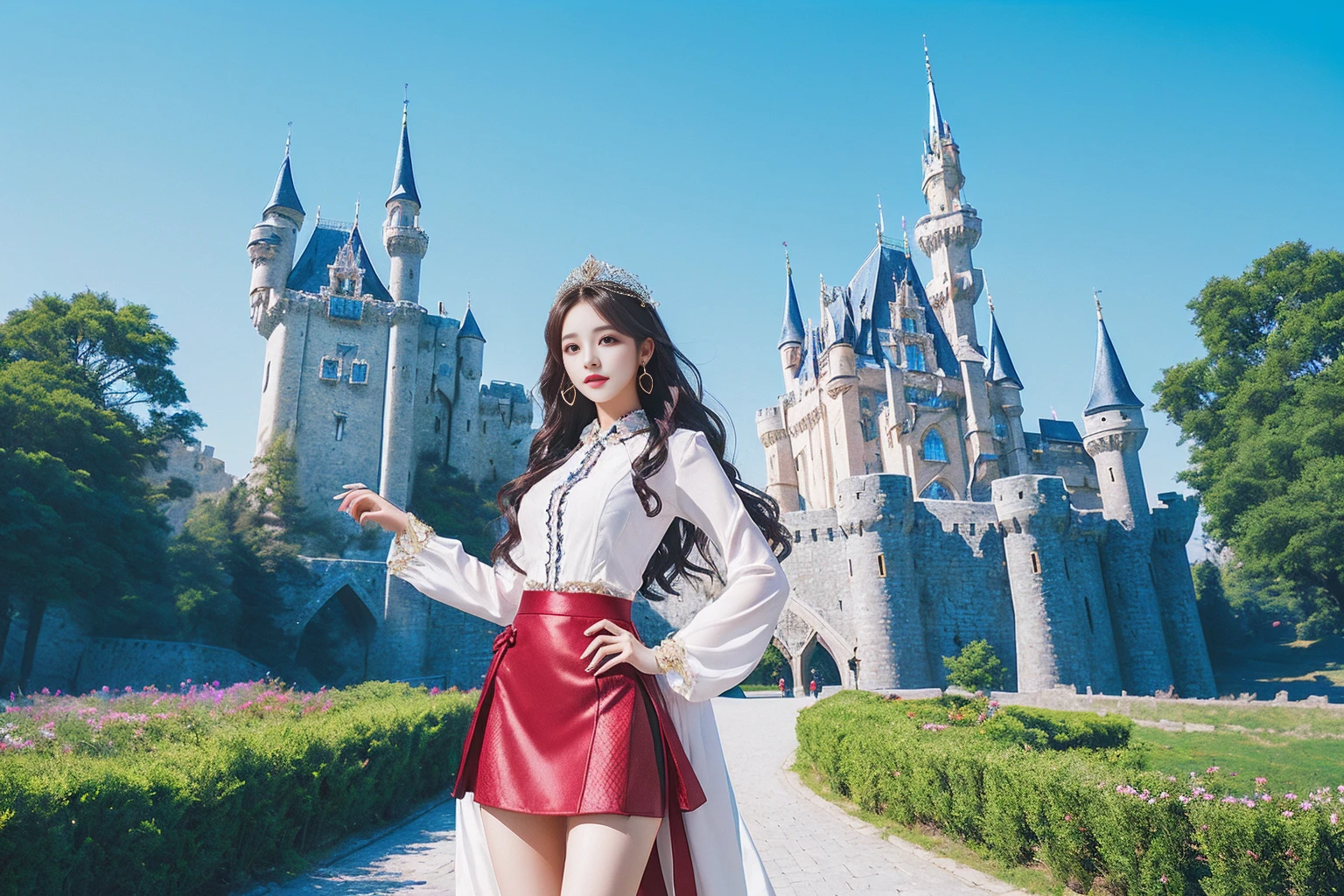 Beautiful woman with good style　mini skirt　Photo style　Fantasy　Stylish　Castle Background