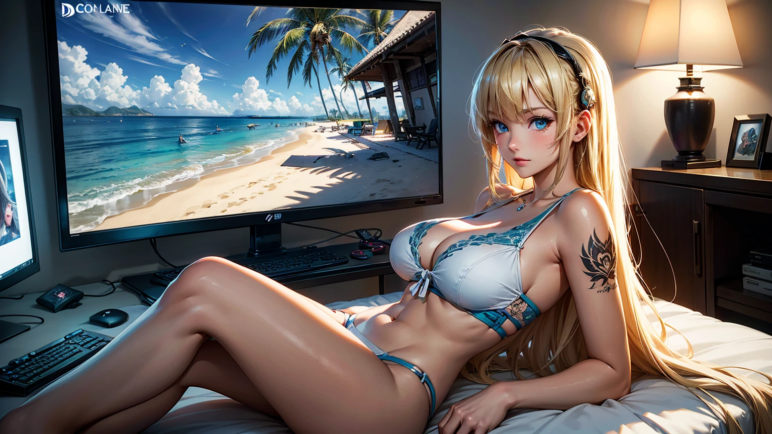 
Create a high-quality, detailed image of a beautiful blonde anime cat gamer girl with striking eyes and intricate tattoos. She is alone in a luxurious beachfront condo, wearing intimate sleepwear that highlights her midriff and stunning curves.

The condo features a high-end gaming setup with a sleek gaming PC, large monitor, and gaming accessories. Soft ambient lighting creates a warm and intimate atmosphere, blending with the natural light from the large window offering a view of the ocean.

The focus is on the girl and her gaming setup, emphasizing her passion for gaming in a serene and inviting environment.