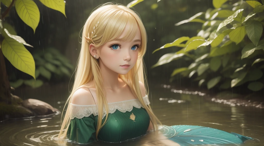 a blonde  girl, raining portrait,Mermaid Leaf Leaf Clothes