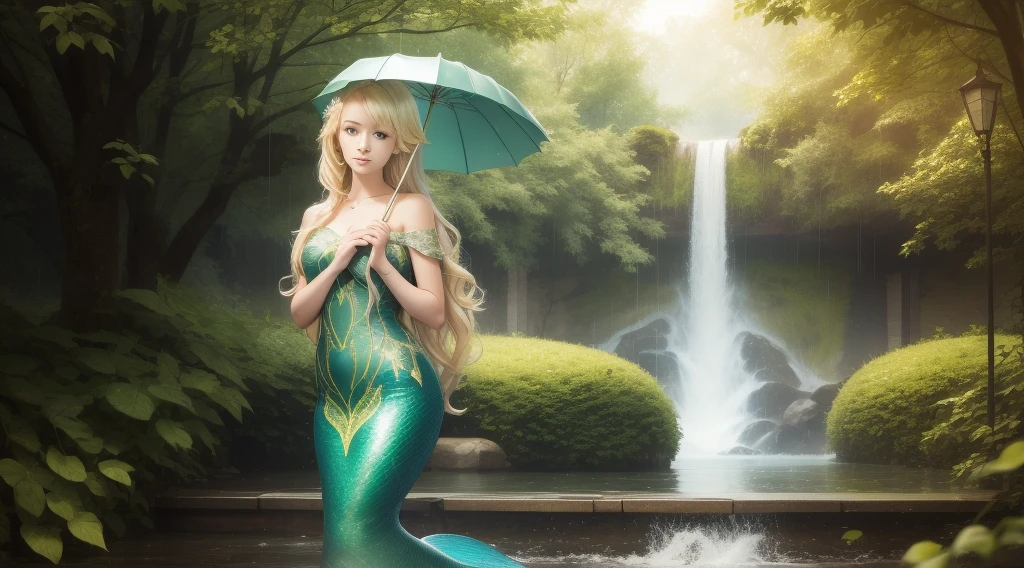 a blonde girl, raining portrait,Mermaid Leaf Leaf Clothes
