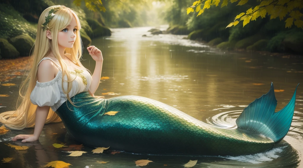a blonde girl, raining portrait,Mermaid Leaf Leaf Clothes