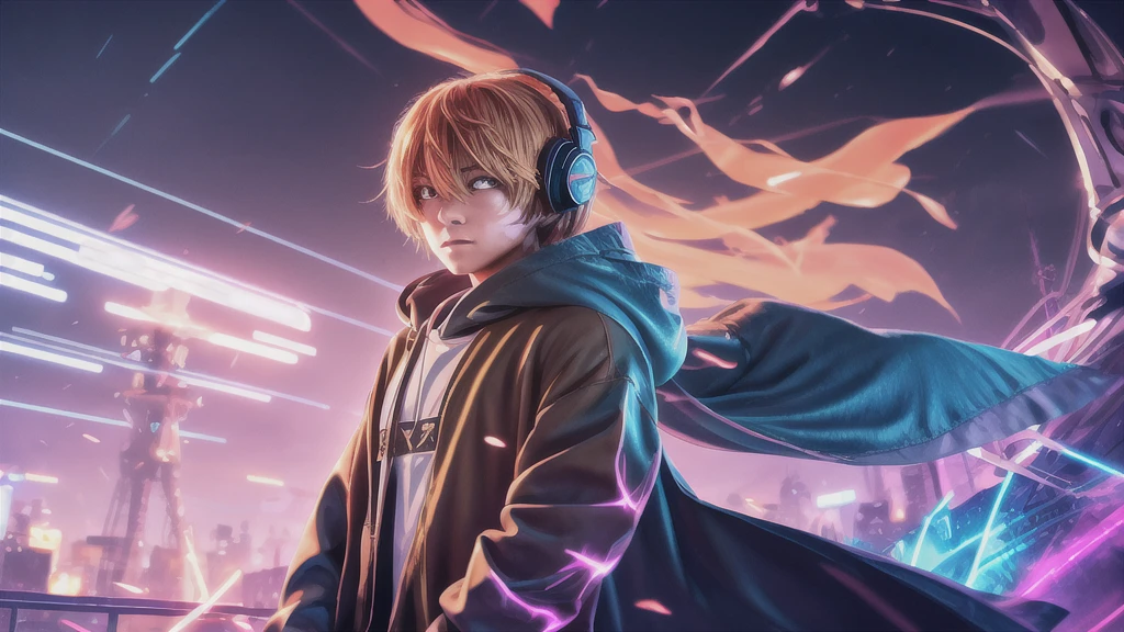 16K, High resolution, RTTX 10.0, Ray Tracing, Neon Lightの明かり, Absurd, Top quality masterpiece, Perfect anatomy and highly detailed face, Fine grain, One young man, alone, Heavy rainy night, A night of record-breaking rain, Sky blue raincoat, Violet Hoodie, Wear a raincoat, とても深いfog, Wear the hood deeply, Wearing a robe, Gaming headphones, Put the headphones around your neck, Large headphones, 非常にLarge headphones, Beautiful Hair, Brown eyebrows, Golden eyebrows, Modest eyebrows, inconspicuous eyebrows, Orange eyebrows, Eyebrows are brown, Eyebrows are modest, Light Hair Color, Cut Hair, very beautiful, Edgy, nice, Evil Aura, Very windy, Glowing Eyes, Rage, Deep hatred, dystopian city, Futuristic, Detailed Background, Awards, Neon Light, Blood splatter, fog, Talked about at the art station