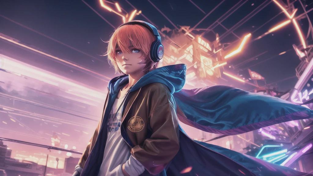 16K, High resolution, RTTX 10.0, Ray Tracing, Neon Lightの明かり, Absurd, Top quality masterpiece, Perfect anatomy and highly detailed face, Fine grain, One young man, alone, Heavy rainy night, A night of record-breaking rain, Sky blue raincoat, Violet Hoodie, Wear a raincoat, とても深いfog, Wear the hood deeply, Wearing a robe, Gaming headphones, Put the headphones around your neck, Large headphones, 非常にLarge headphones, Beautiful Hair, Brown eyebrows, Golden eyebrows, Modest eyebrows, inconspicuous eyebrows, Orange eyebrows, Eyebrows are brown, Eyebrows are modest, Light Hair Color, Cut Hair, very beautiful, Edgy, nice, Evil Aura, Very windy, Glowing Eyes, Rage, Deep hatred, dystopian city, Futuristic, Detailed Background, Awards, Neon Light, Blood splatter, fog, Talked about at the art station