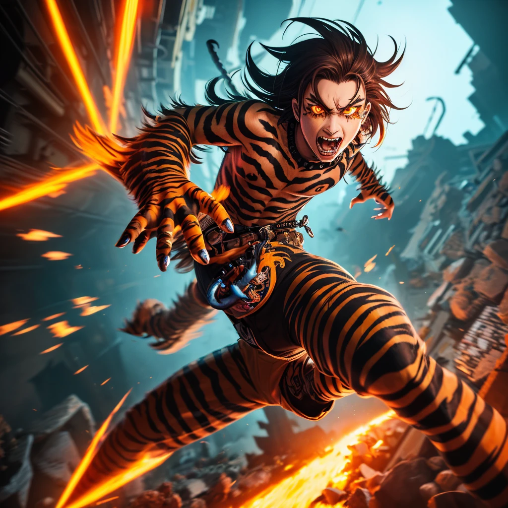 (a boy with loose hair and piercing orange eyes),(a fierce mutant tiger),(a dynamic and charismatic vtuber),(3D rendering and digital art medium),(vibrant colors and a surreal atmosphere),(best qualityer, high resolution, detailded),(anime styling),(bright and energetic lighting)