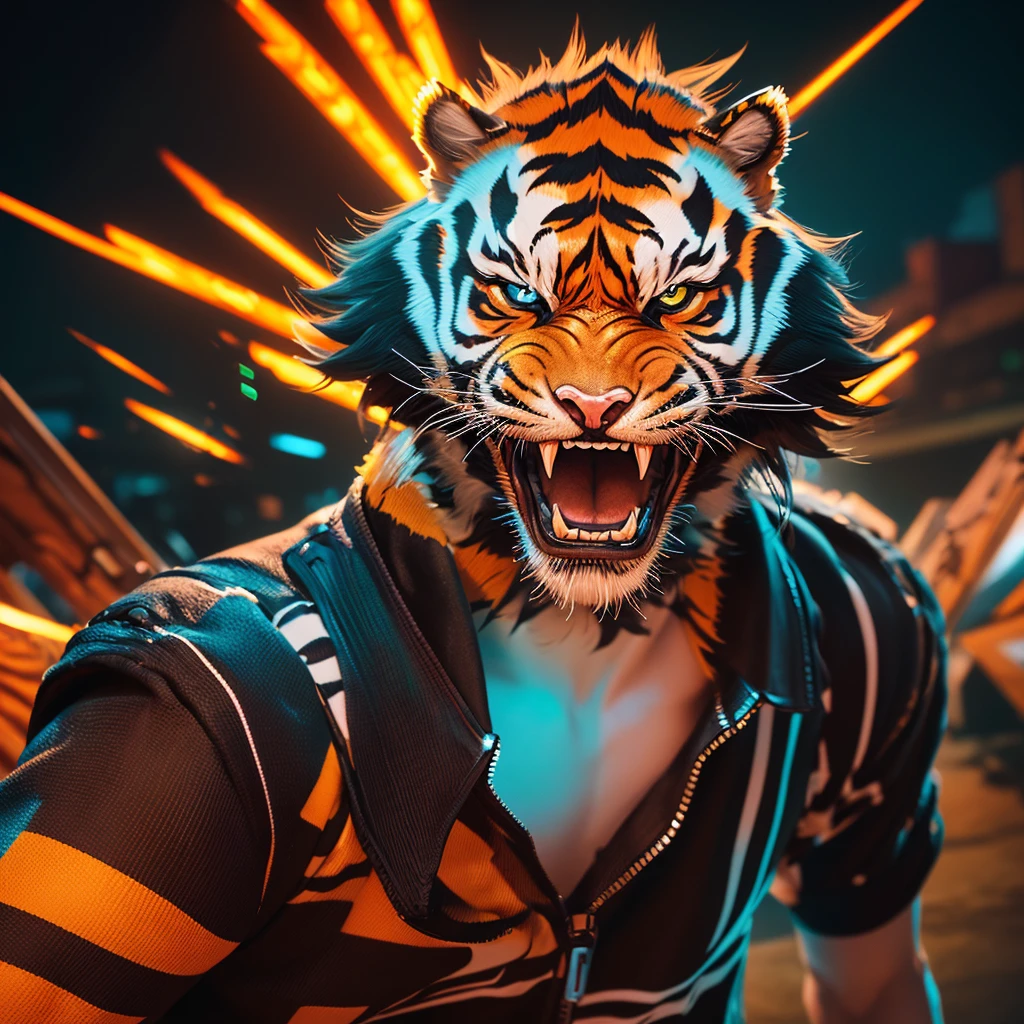 (a boy with loose hair and piercing orange eyes),(a fierce mutant tiger),(a dynamic and charismatic vtuber),(3D rendering and digital art medium),(vibrant colors and a surreal atmosphere),(best qualityer, high resolution, detailded),(anime styling),(bright and energetic lighting)