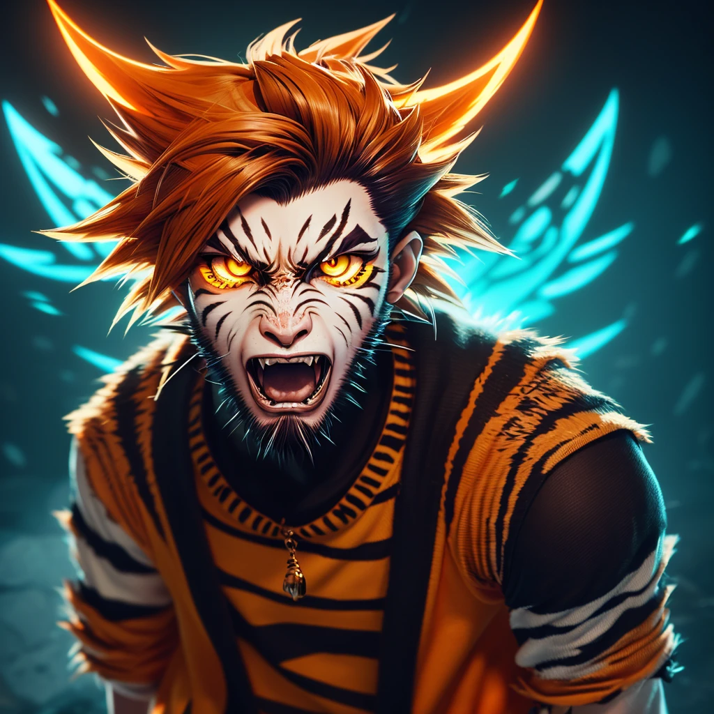 (a boy with loose hair and piercing orange eyes),(a fierce mutant tiger),(a dynamic and charismatic vtuber),(3D rendering and digital art medium),(vibrant colors and a surreal atmosphere),(best qualityer, high resolution, detailded),(anime styling),(bright and energetic lighting)