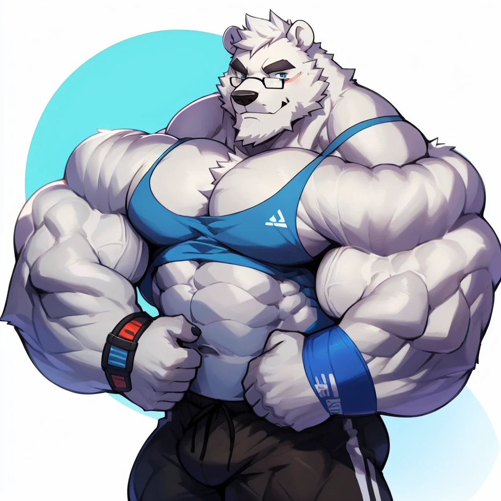 solo, 1boy, Huge Muscular White Polar Bear wearing glasses, huge white fur, pectoral, huge pectoral, wide pectoral, short white hair, blue colored short pants, blue colored wristbands and blue colored tank top, white bearded, white Mustache, white fur, black eyebrows, simple background, masterpiece, high detailed, 8k, high resolution, at the gym, flexes huge muscles, looking at the viewer, acting all sexy