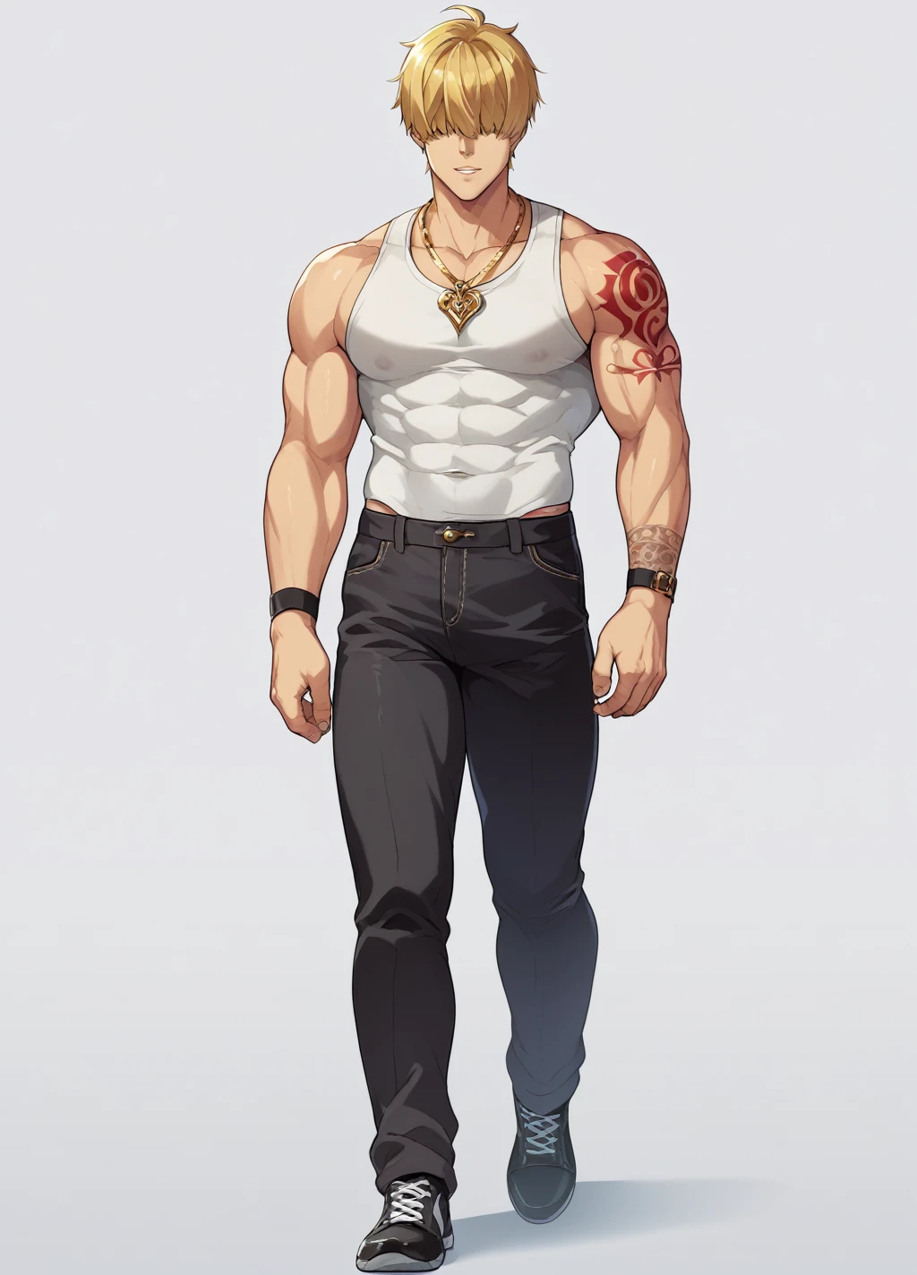 Blonde、Detailed illustrations、Ultra-precise expression、masterpiece、Highest quality、ultra High resolution、High resolution、Hiromitsu Takeda Style、White background、Simple Background、stand、whole body、1 young man、hair over eyes、solo、Bad look、Black Hair、Muscular、stand、White clothes、Black pants、Gold Necklace、Black shoes、Red tattoo on the back of his right hand