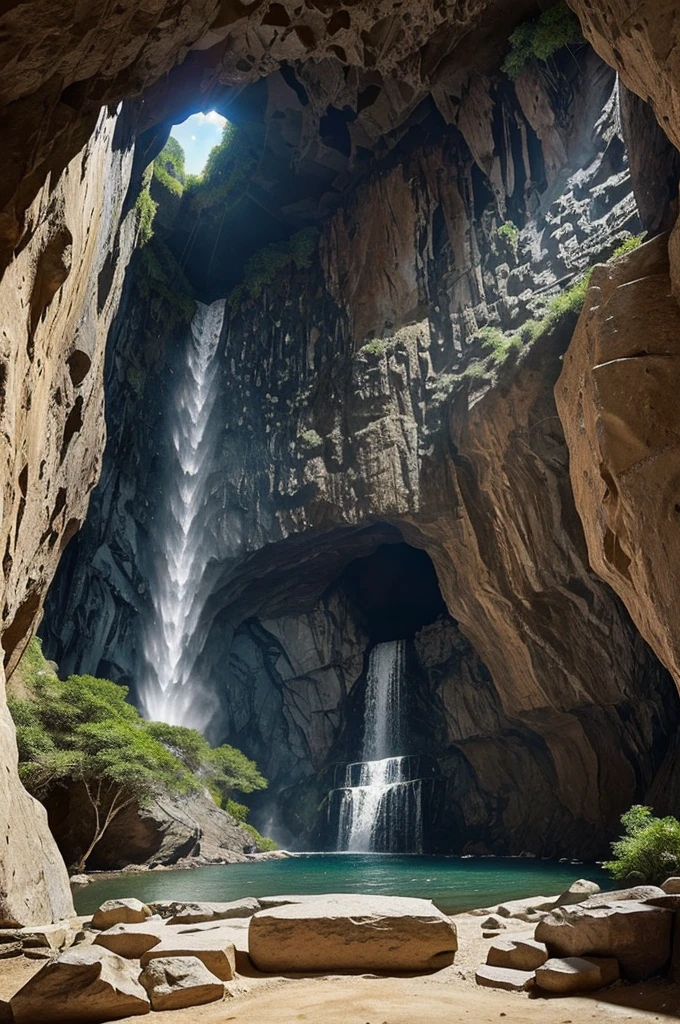 walls of a cave , that you have drawings of eyes , a scripture in another language and a shield (inside the shield that has a "k" and a star and eagle) , make the cave look old , and that you see a sequence where a drawing of a large waterfall appears and that the waterfall has a secret passage.