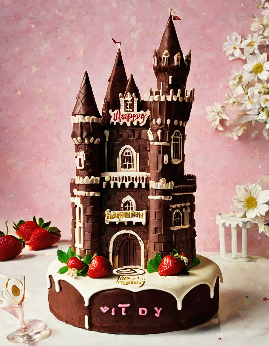 A cake made of layers of chocolate cake, Vanilla Frosting, And strawberries. The cake is in the shape of a castle with a drawbridge and a moat.. The castle is surrounded by a floral garden. Next to the cake「HAPPY BIRTHDAY」There is a sign that says.