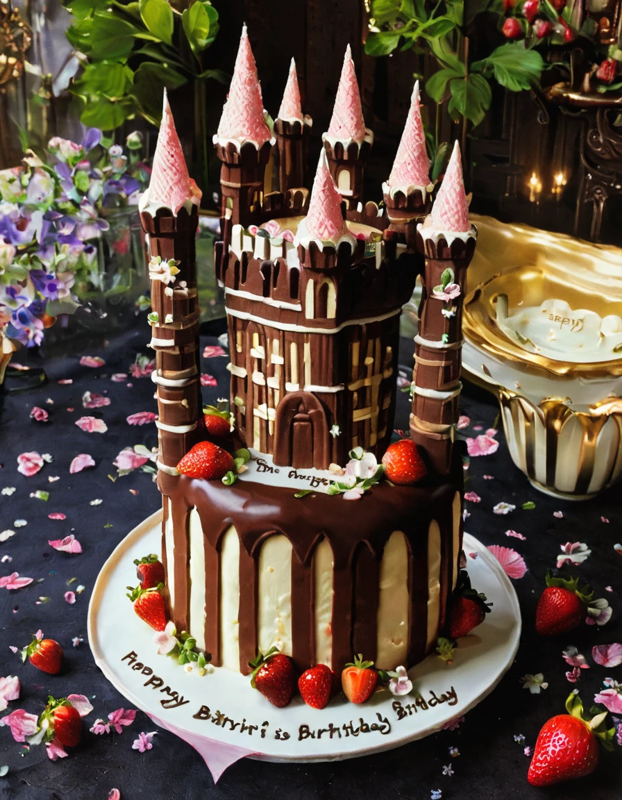 A cake made of layers of chocolate cake, Vanilla Frosting, And strawberries. The cake is in the shape of a castle with a drawbridge and a moat.. The castle is surrounded by a floral garden. Next to the cake「HAPPY BIRTHDAY」There is a sign that says.