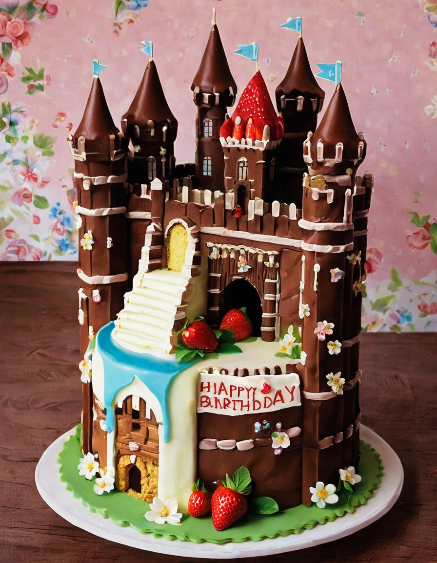 A cake made of layers of chocolate cake, Vanilla Frosting, And strawberries. The cake is in the shape of a castle with a drawbridge and a moat.. The castle is surrounded by a floral garden. Next to the cake「HAPPY BIRTHDAY」There is a sign that says.