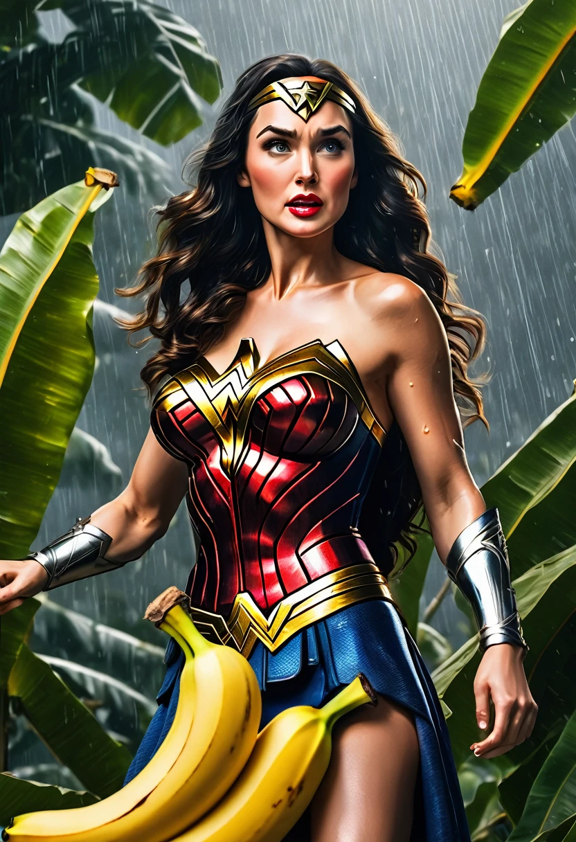 A super hero Wonder Woman is eating a banana on a banana tree, accompanied by several monkeys. The atmosphere is light rain . 4k ultra hd. Photo realistic image, detail Photo image