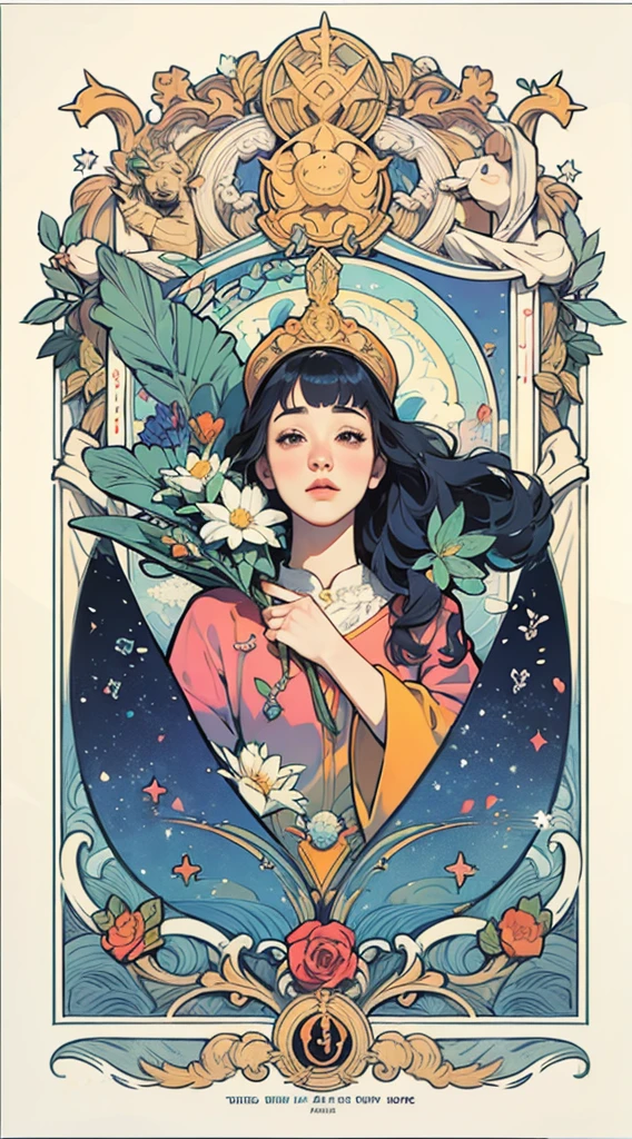 psychedelic jugendstil Artwork, Better Quality, awkwafina pastelgoth woman, Tarot, Baldo, Court concubine, Symbolism, Visual art, Occultism, universal, Vision Casting, philosophy, Iconography, Numerology, Popularity, art, Alphonse Mucha