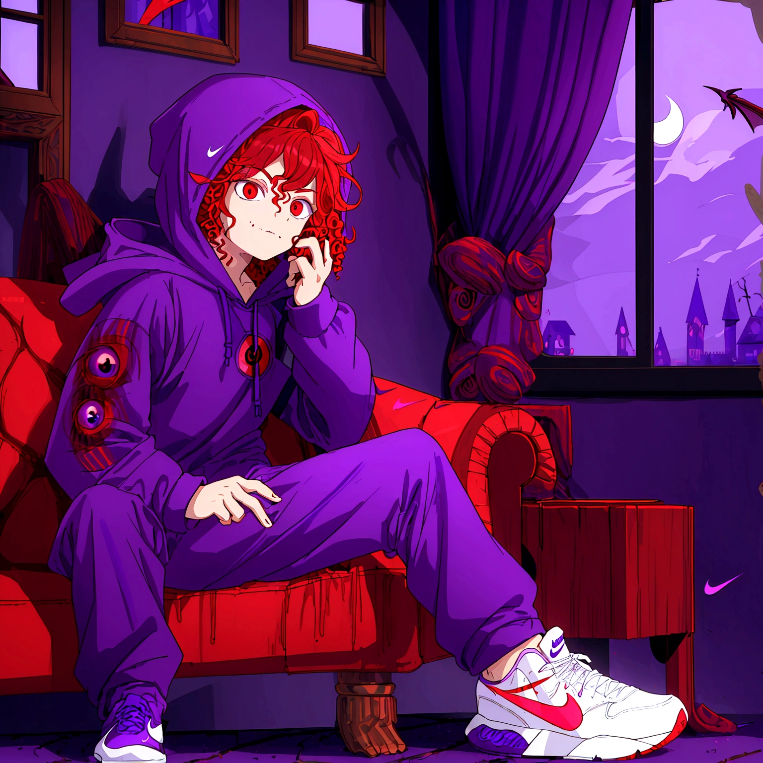 ((whole body)), (( boy ,male gender)),(( vampire race )), ((red curly hair with a hood on her head)), ((masculine face)),((eyeballs )),((purple hooded coat )),((purple pants )),((white nike shoes)) sitting on the sofa looking out his giant window at the full moon