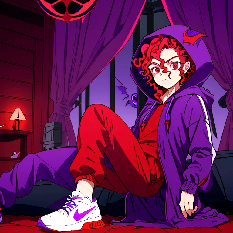 ((whole body)), ((  boy ,male gender)),(( vampire race )), ((red curly hair with a hood on her head)), ((masculine face)),((eyeballs )),((purple hooded coat )),((purple pants )),((white nike shoes)) sitting on the sofa looking out his giant window at the full moon