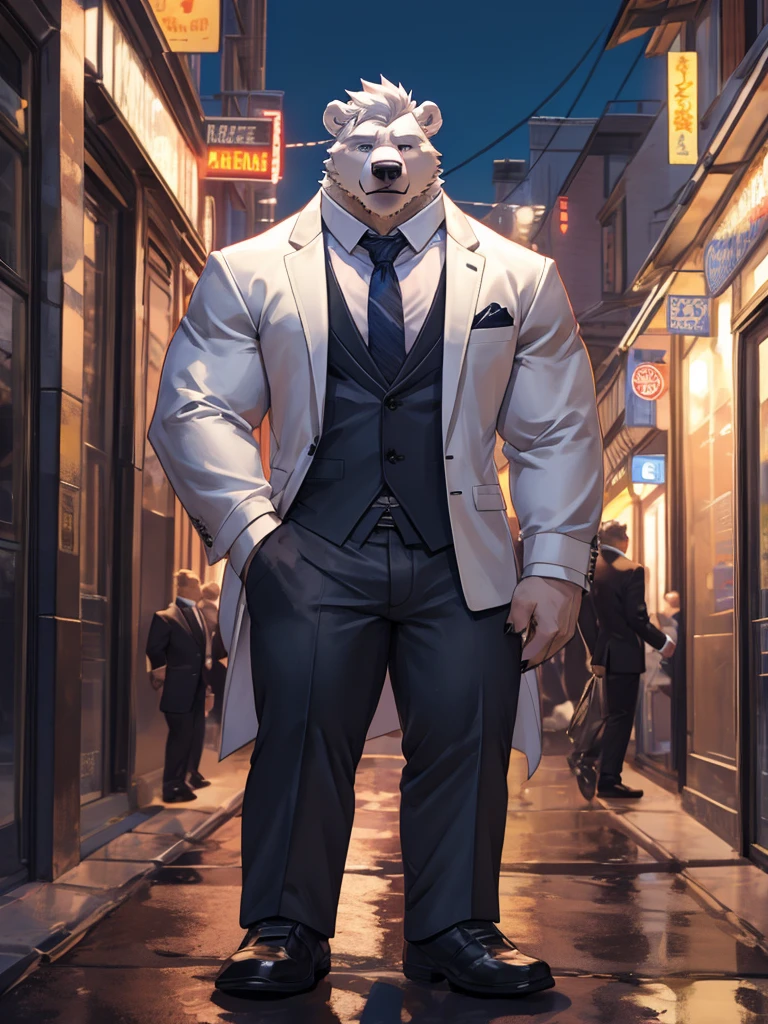 Anthropomorphic polar bear,have a pumped body,hot,Have chest muscles,white hair,Standing on the street,Wear formal clothes,Wear a suit,A suit