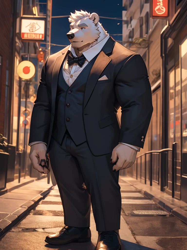 Anthropomorphic polar bear,have a pumped body,hot,Have chest muscles,white hair,Standing on the street,Wear formal clothes,Wear a suit,A suit