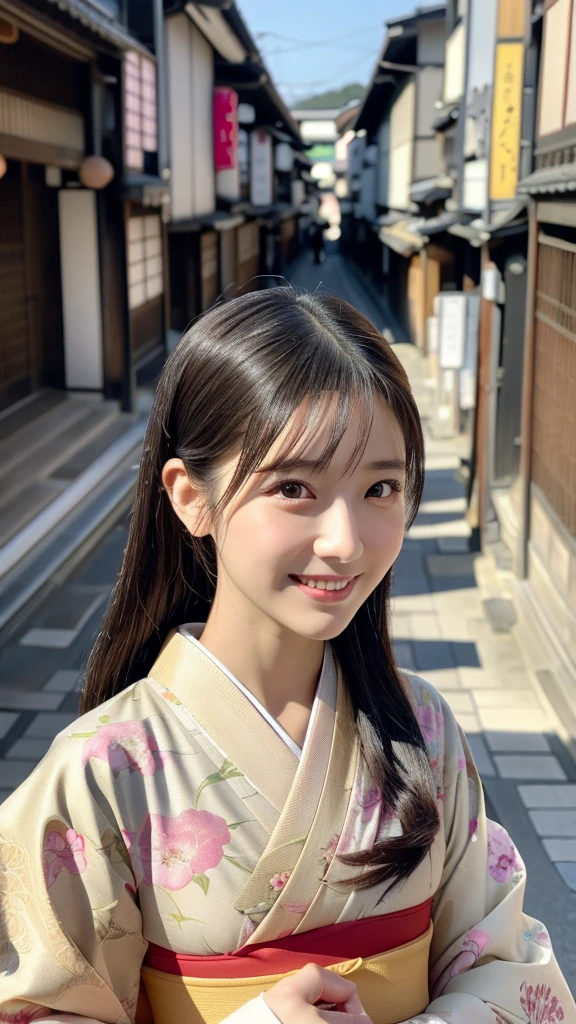 professional lighting,(Photoreal:1.4), (Top image quality:1.0), (超A high resolution:1.0), 8k, Raw photography, (masterpiece:0.2), (Pueros face_v1:0.5)、(highest quality Detail:1.2)、realistic、8k UHD、High resolution、(1 girl:1.2)、Super detailed、High quality textures、intricate details、detailed、Very detailed CG、High quality shadows、detailed Beautiful and delicate face、Beautiful details and delicate eyes、(symmetrical eyes:1.2),Depth of the bounds written、ray tracing,1 girl, japanese girl, (natural smile:1.4),cute, thin, Portrait of a beautiful Japanese woman wearing a kimono, Standing elegantly on a street corner in Kyoto. A kimono with bright traditional patterns, Hair decorated with an elegant and delicate hairpin, and a gentle expression. (Against the backdrop of the old streets of Kyoto:1.4)、soft light on a spring afternoon、adds tranquility to the scene. Rendered in a realistic style with great attention to detail, High resolution images.sky porn, magic hour, (realistic:1.3), finely, quality, (table top:1.2), (realistic:1.2), (highest quality), (Complex details), dramatic, ray tracing, photograph, +roller