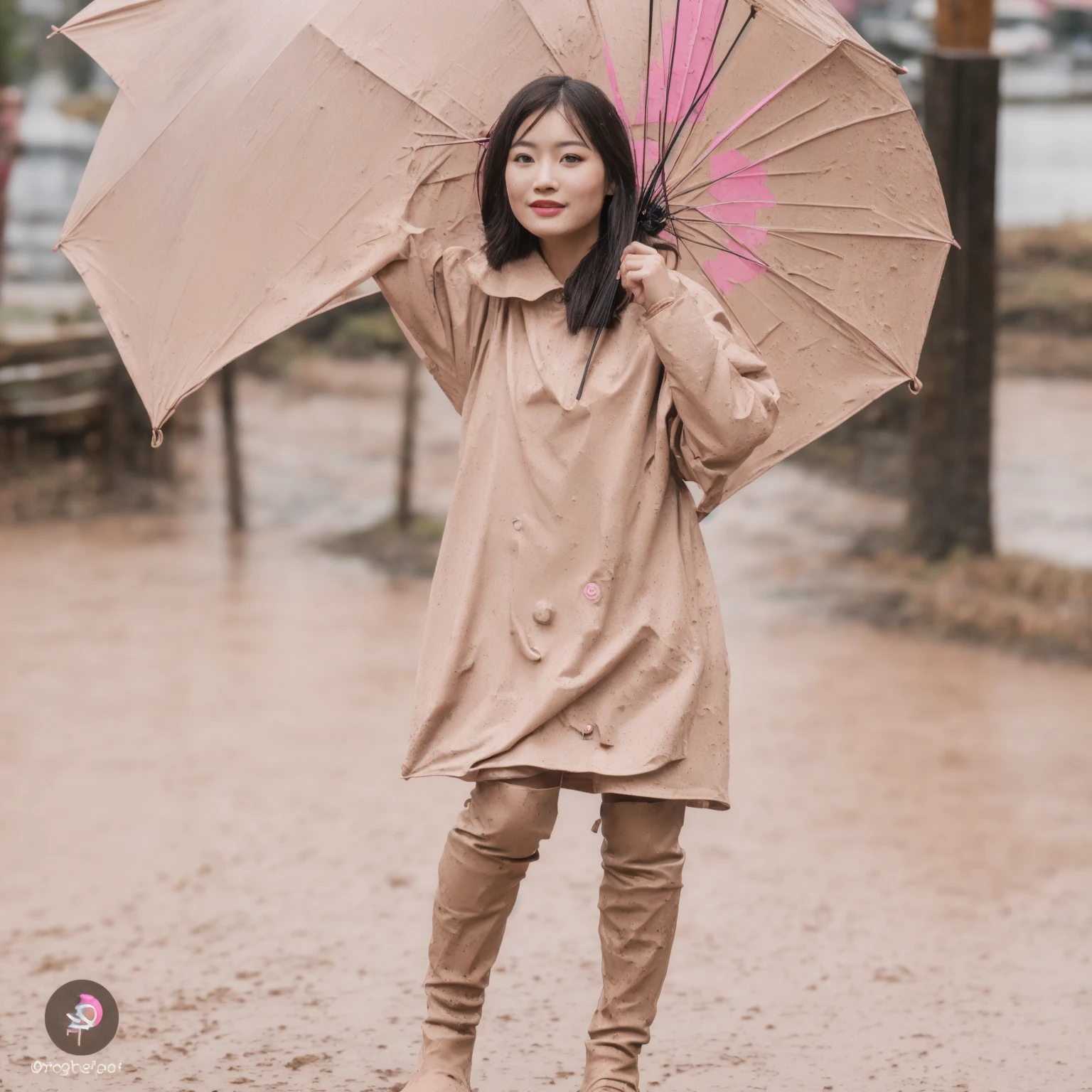 asian lady holding umbrella, cute pose, pink buttoned raincoat, tall pink rain boots, ((((muddy clothes)))), intricate details, highly detailed, masterpiece, 8k, photorealistic, cinematic lighting, vibrant colors, soft focus, elegant, feminine, beautiful, serene, graceful