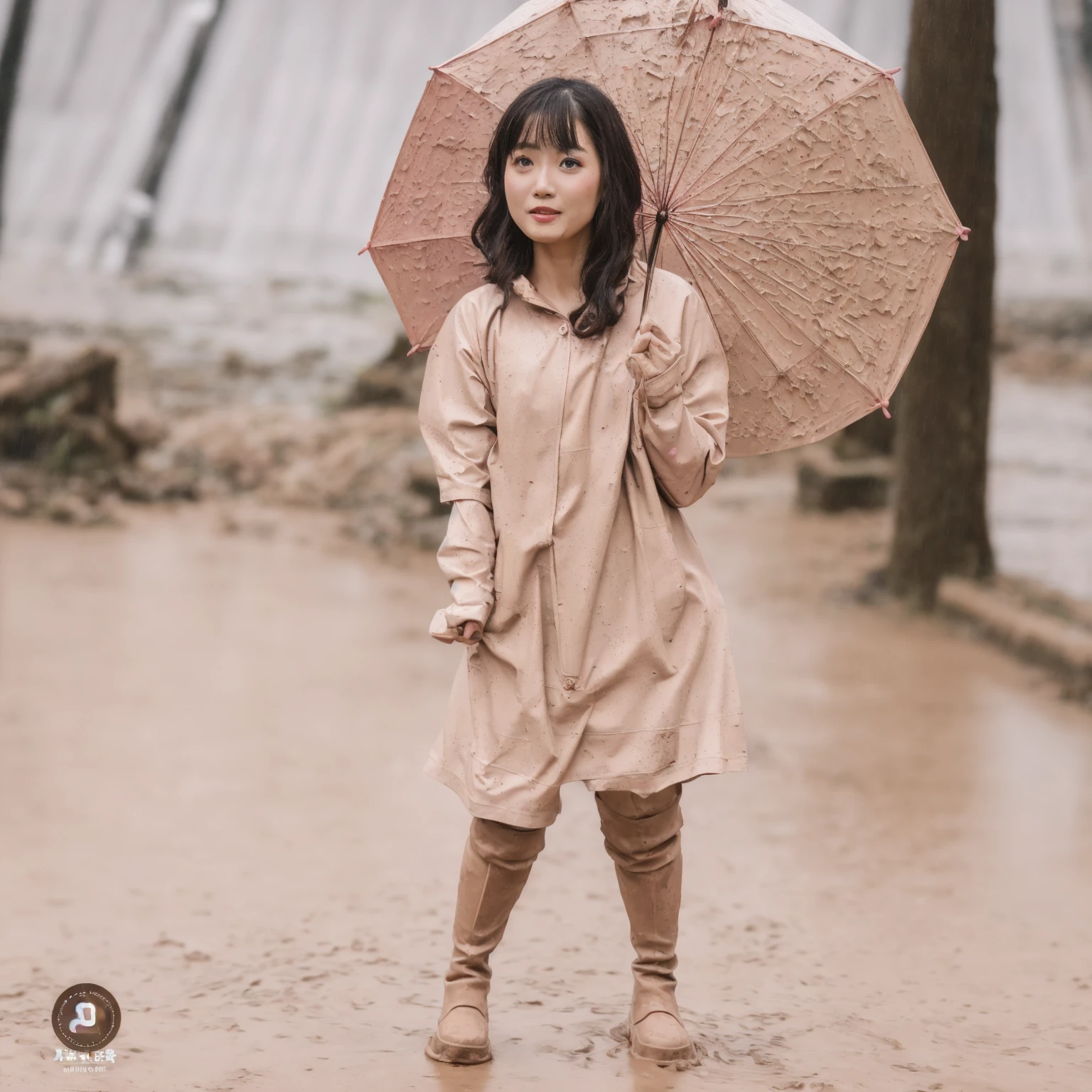 asian lady holding umbrella, cute pose, pink buttoned raincoat, tall pink rain boots, ((((muddy clothes)))), intricate details, highly detailed, masterpiece, 8k, photorealistic, cinematic lighting, vibrant colors, soft focus, elegant, feminine, beautiful, serene, graceful
