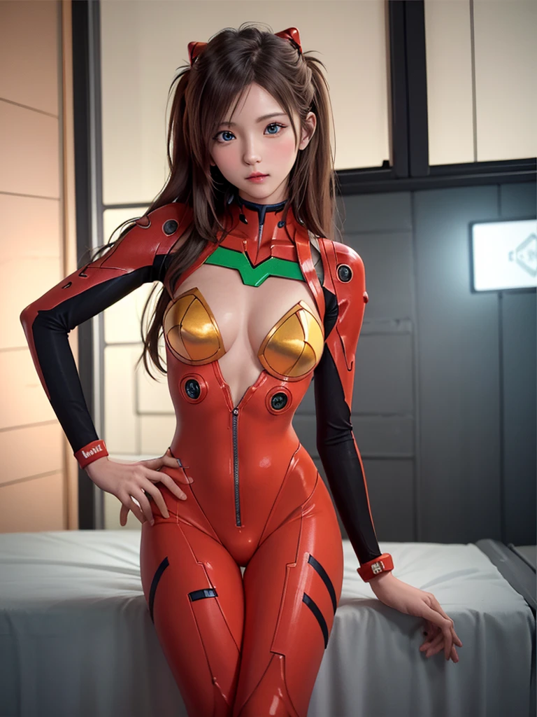 ((Best quality)), ((Masterpiece)), (Details: 1.4), 3D, Asuka Langley Soryu, Asuka, high resolution (high dynamic range), ray tracing, NVIDIA, super resolution, Unreal 5, subsurface scattering ,PBR texturing, post-processing, anisotropic filtering, depth of field, maximum sharpness and sharpness, multi-layered textures, albedo and specular maps, surface shading, accurate simulation of light and matter interaction, perfect proportions ,Octane Rendering,Two-Tone Lighting,Wide Aperture,Low ISO,White Balance,Rule of Thirds,8K RAW,(Masterpiece: 1.4, Best Quality), (Intricate Details), Unity8k Wallpaper, Highly Detailed, Beautiful and Mysterious, Details background, realistic, alone, perfectly detailed face, detailed blue eyes, highly detailed, blush, hair ornament, chignon mahogany hair, (blonde), plug suit 02, Shikinami Asuka Langley, Evangelion, Slender -yeld gi full body suit, black background, above the waist,composition that shows the whole body,