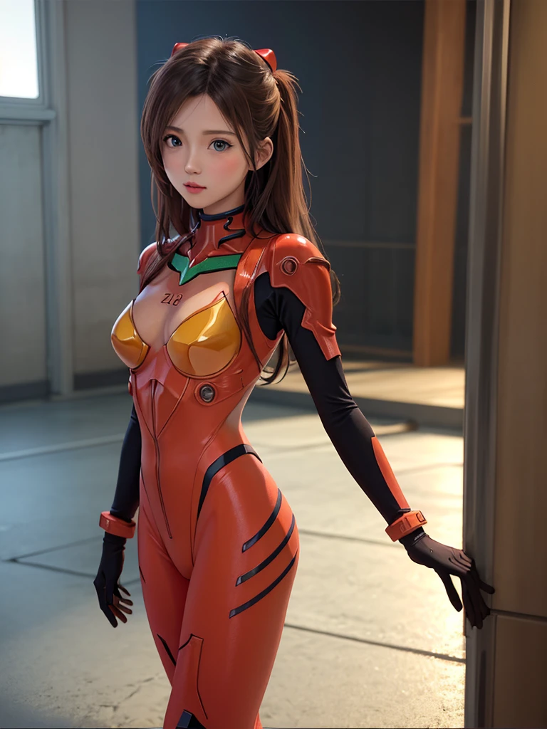 ((Best quality)), ((Masterpiece)), (Details: 1.4), 3D, Asuka Langley Soryu, Asuka, high resolution (high dynamic range), ray tracing, NVIDIA, super resolution, Unreal 5, subsurface scattering ,PBR texturing, post-processing, anisotropic filtering, depth of field, maximum sharpness and sharpness, multi-layered textures, albedo and specular maps, surface shading, accurate simulation of light and matter interaction, perfect proportions ,Octane Rendering,Two-Tone Lighting,Wide Aperture,Low ISO,White Balance,Rule of Thirds,8K RAW,(Masterpiece: 1.4, Best Quality), (Intricate Details), Unity8k Wallpaper, Highly Detailed, Beautiful and Mysterious, Details background, realistic, alone, perfectly detailed face, detailed blue eyes, highly detailed, blush, hair ornament, chignon mahogany hair, (blonde), plug suit 02, Shikinami Asuka Langley, Evangelion, Slender ****************, full body suit, black background, above the waist,composition that shows the whole body,