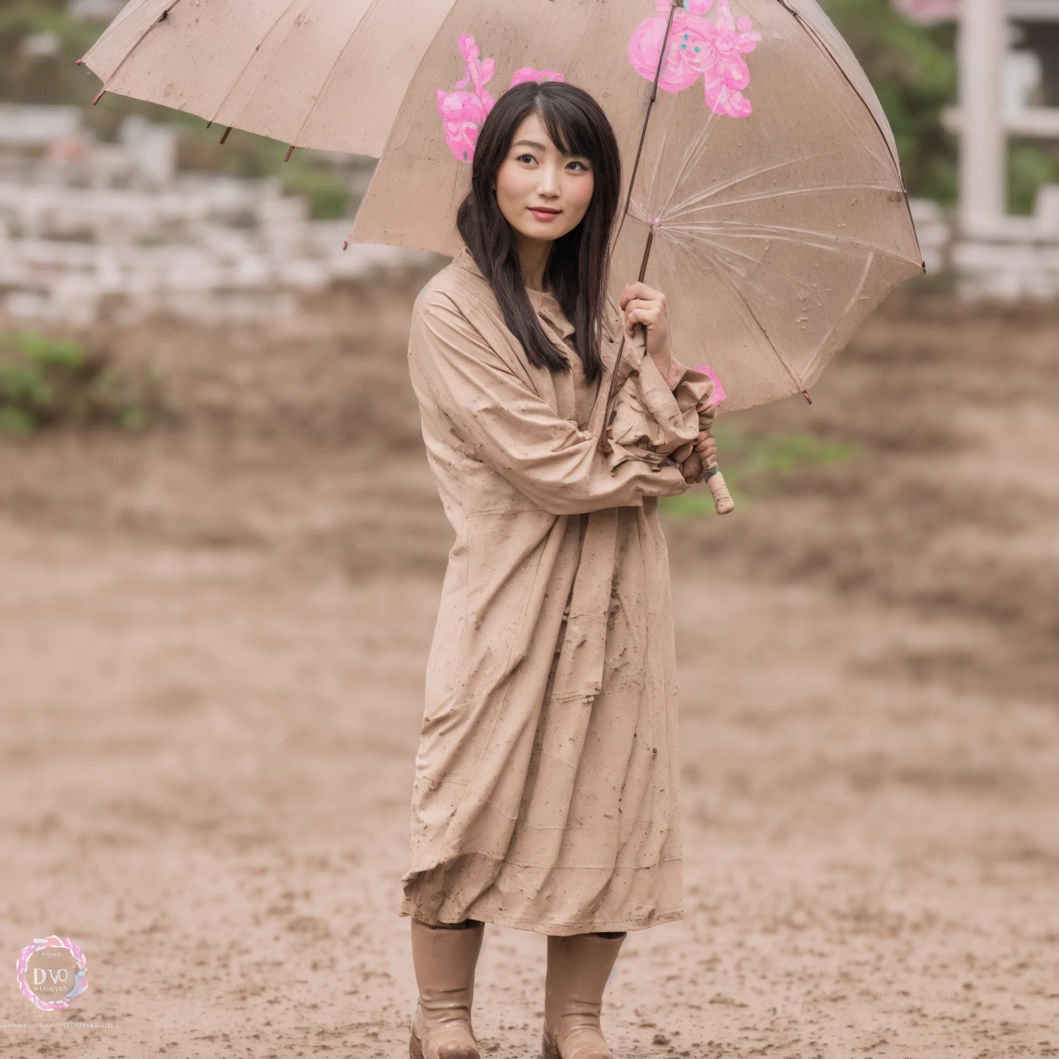 asian lady holding umbrella, cute pose, pink buttoned raincoat, tall pink rain boots, ((((muddy clothes)))), intricate details, highly detailed, masterpiece, 8k, photorealistic, cinematic lighting, vibrant colors, soft focus, elegant, feminine, beautiful, serene, graceful